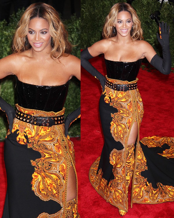 As the honorary chair, Beyoncé looked strikingly fiery at the Met Gala in a flame-inspired Givenchy ensemble, featuring a dramatic skirt and coordinating thigh-high boots