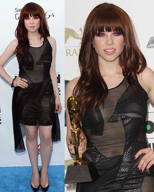 Carly Rae Jepsen at the 2013 Billboard Music Awards Carly Rae Jepsen rocks a daring black mesh Dyanthe dress with cleverly placed panels, showcasing an edgy look at the 2013 Billboard Music Awards