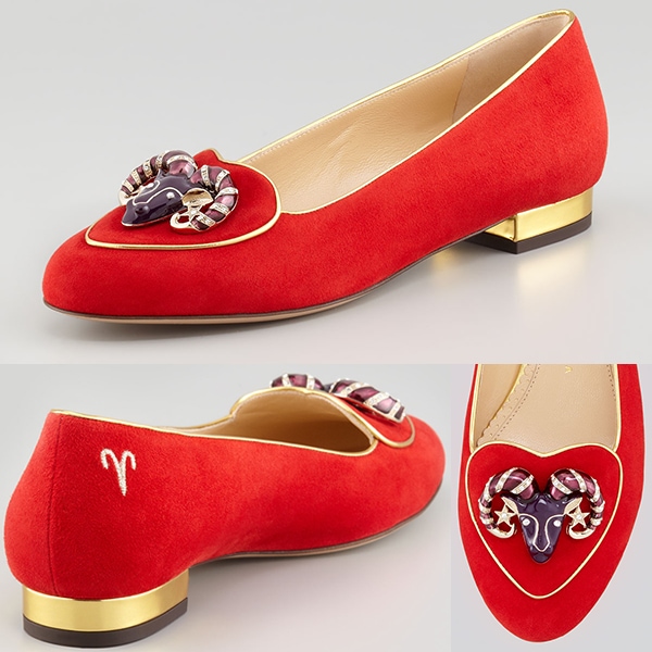 Charlotte Olympia Birthday Aries Zodiac Suede Smoking Slipper in Red