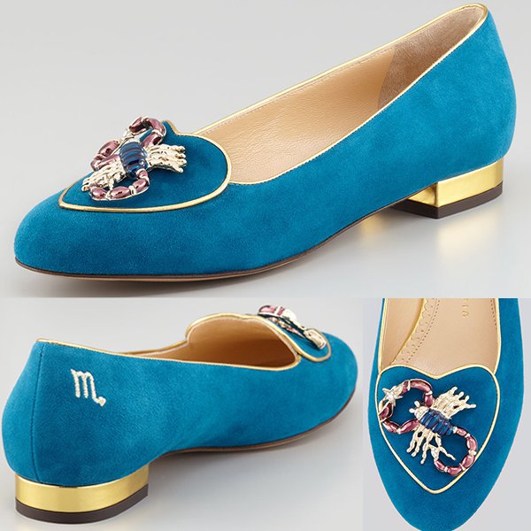Charlotte Olympia Birthday Scorpio Zodiac Suede Smoking Slipper in Teal