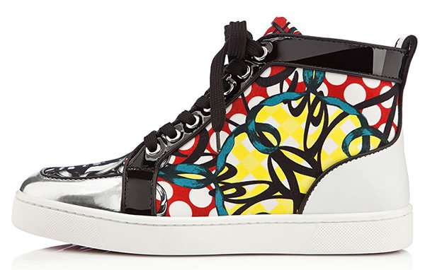 Christian Louboutin’s “Rantus Orlato” sneaker features a vibrant mix of graphic prints, metallic accents, and patent trim on a classic high-top silhouette