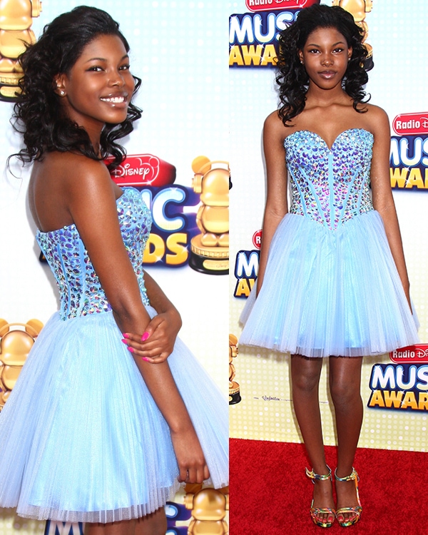 Diamond White lights up the 2013 RDMA red carpet in a sparkling corset-bodice tulle dress paired with playful multicolored strappy heels