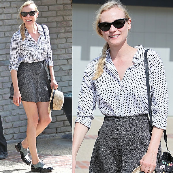 Diane Kruger embraced effortless cool in a polka-dot blouse and tailored shorts finished with Robert Clergerie brogues at Joel Silver’s Memorial Day Party on May 27, 2013