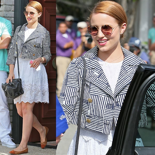 Dianna Agron looked sweet in a lace dress and Opening Ceremony striped jacket, grounded by Matt Bernson Mulberry suede flats at Joel Silver’s Memorial Day Party on May 27, 2013