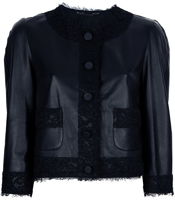Close-up of the $3,095 Dolce Gabbana leather and lace cropped jacket worn by Stacy Keibler at the store opening event