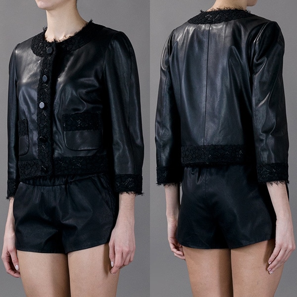 Detailed view of the luxurious Dolce Gabbana cropped jacket showcasing intricate lace and leather details