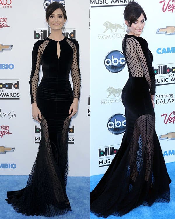 Emmy Rossum at the 2013 Billboard Music Awards Emmy Rossum elegantly displays a keyhole-detailed Zuhair Murad mermaid dress with chic see-through panels and polka-dot prints at the 2013 Billboard Music Awards