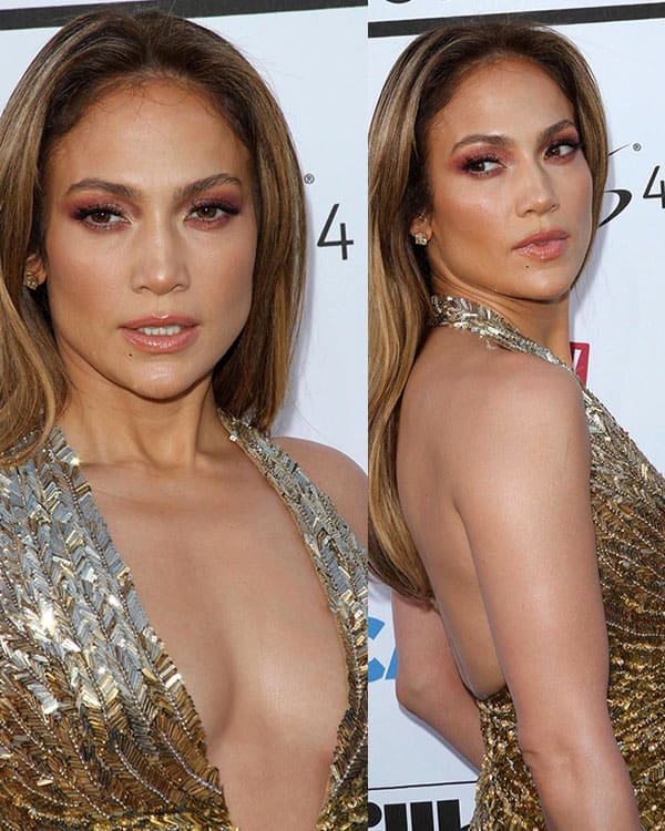 Jennifer Lopez at the 2013 Billboard Music Awards Jennifer Lopez dazzled with her sleek, center-parted hair and glowing makeup, perfectly complementing her plunging, gold-sequined Zuhair Murad gown
