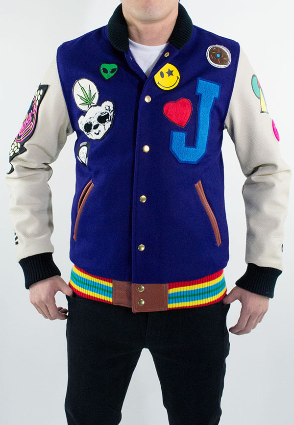 Close-up of the Joyrich x Dee Ricky Fall 2012 Plush Puff Varsity Jacket featuring vibrant colors and 3D plush details