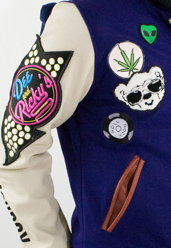 Detailed view of the colorful and textured design on the Joyrich x Dee Ricky Fall 2012 varsity jacket