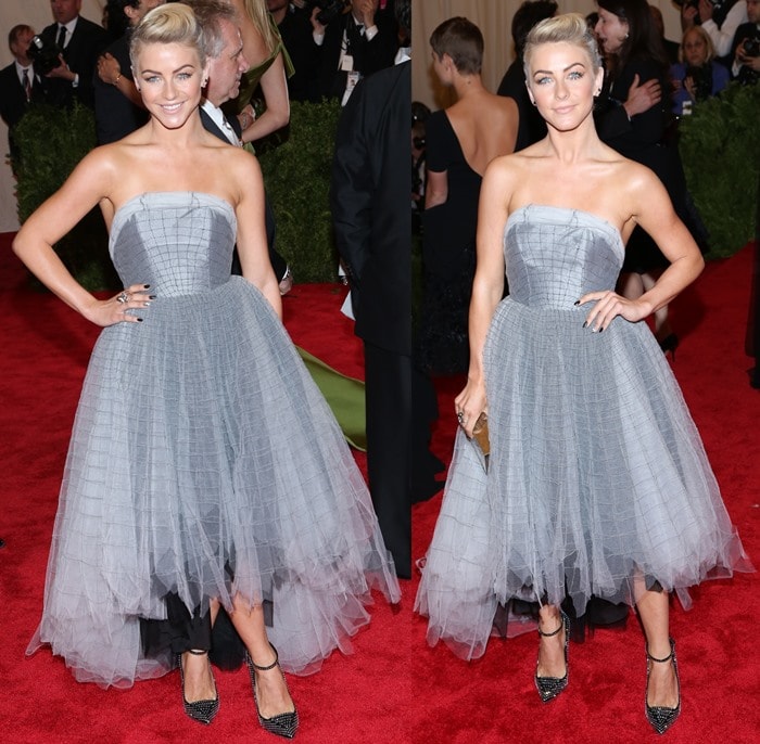 Julianne Hough in glittering Giuseppe Zanotti shoes and a silvery tea-length dress