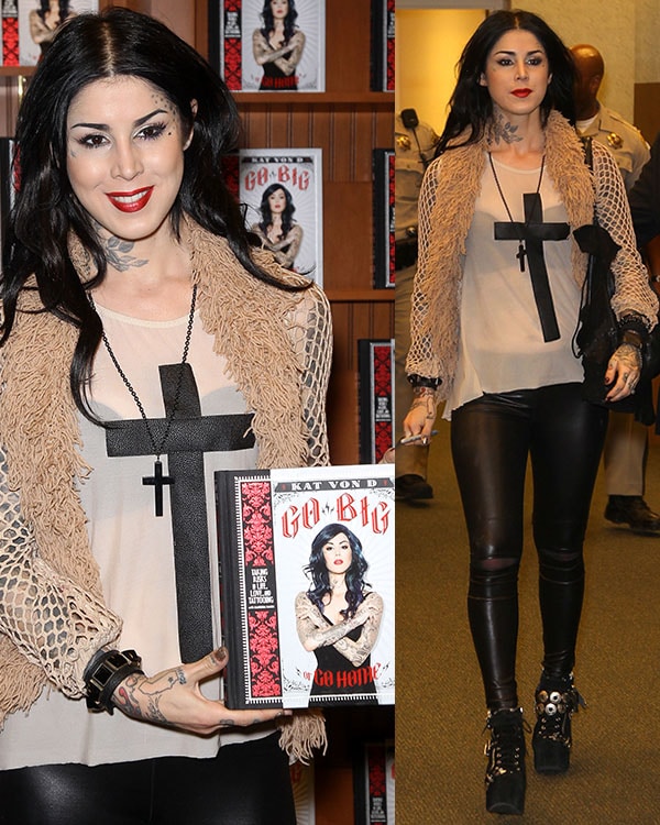 Kat Von D showcases her signature edgy style at her book signing, wearing a cross-detailed sheer top, crochet jacket, leather leggings, and tough Jeffrey Campbell Lita boots