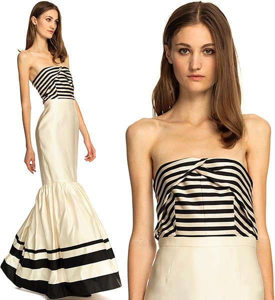 Make a grand entrance in Katie Ermilio's Fit  Flare Multistripe Gown, available for $4,500, featuring dynamic stripes for a bold fashion statement