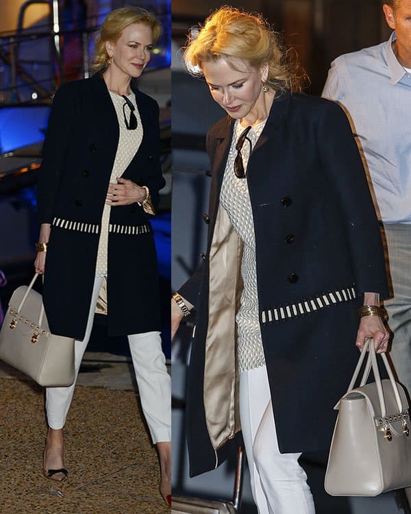 Nicole Kidman departing the Johnnie Walker yacht party Nicole Kidman departs from a luxurious yacht party, showcasing her go-to Versace bag, at the 66th Cannes Film Festival, May 17, 2013