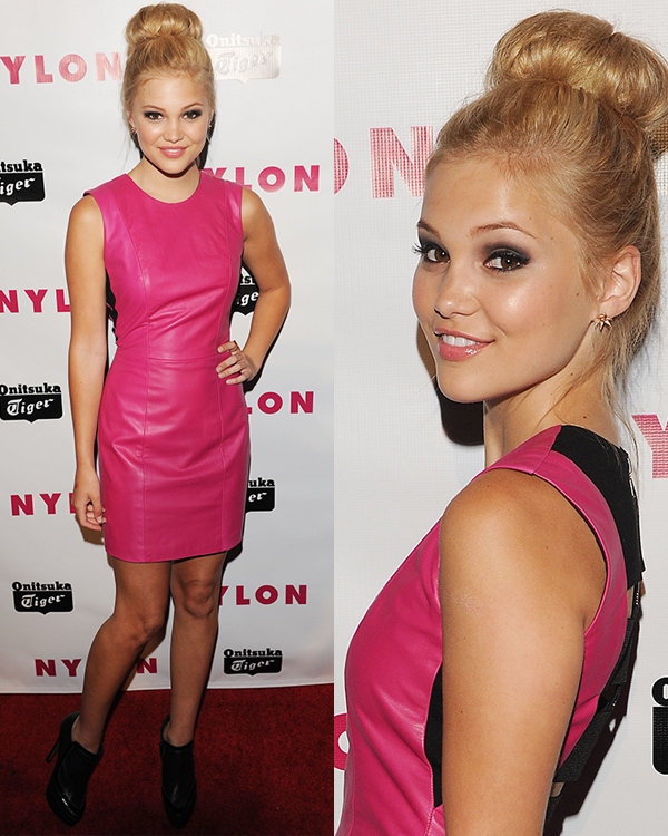Olivia Holt at Nylon Magazine Young Hollywood Party Olivia Holt exuded stunning style in a pink leather dress by Mason by Michelle Mason at Nylon Magazine's Young Hollywood Party