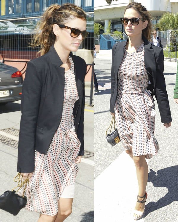 Rachel Bilson going for a walk to the Croisette Rachel Bilson pairs an Isabel Marant printed dress with a tailored black blazer, Christian Louboutin Summerissima ankle-strap pumps, a Chloé Mini Elsie bag, and Ray-Ban sunglasses while strolling La Croisette during the 2013 Cannes Film Festival