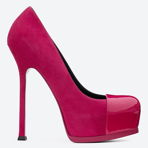 Saint Laurent Tribute Two Cap Toe Escarpin Pumps in Fuchsia Suede and Patent Leather
