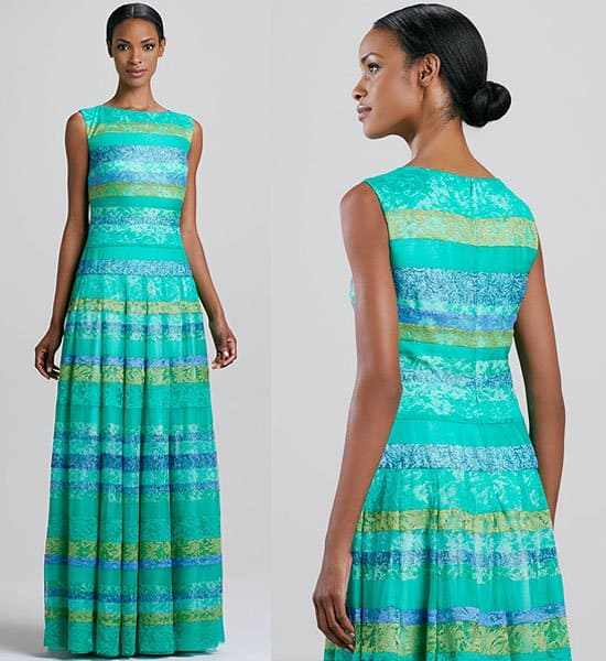 Priced at $595, Tadashi Shoji's sleeveless boat neck lace ribbon gown adds a touch of romance to the classic striped pattern