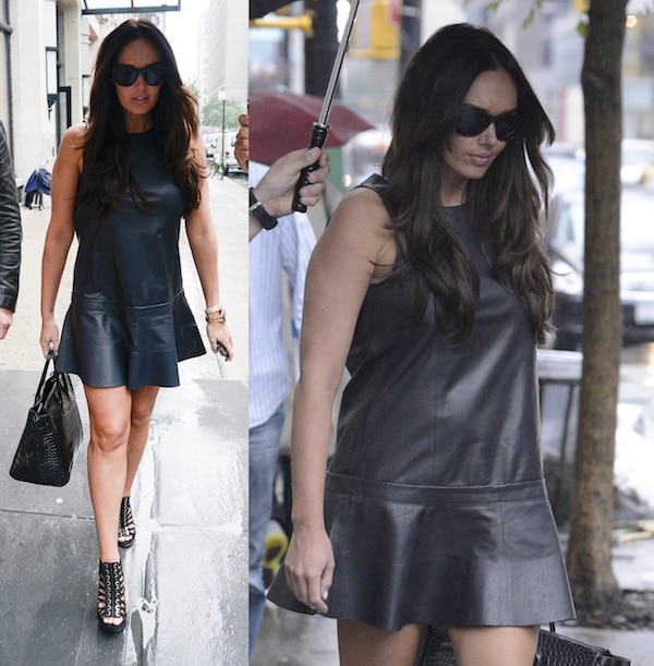 Tamara Ecclestone braves a rainy Manhattan day in a sleek black leather mini dress and edgy Givenchy “Zenaide” caged sandals, blending chic with street style