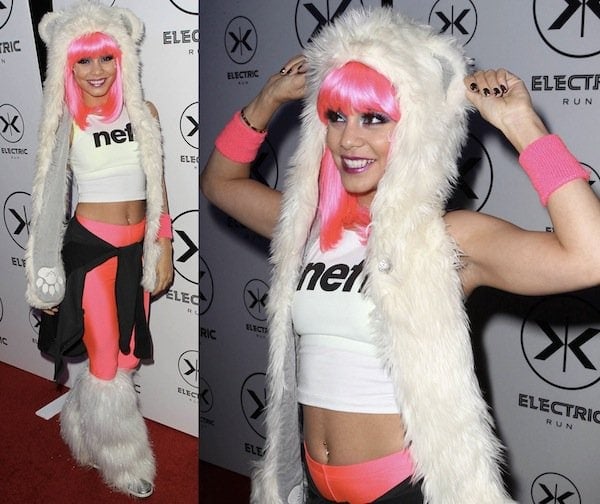 Vanessa Hudgens at the Electric Run in Los Angeles on May 24, 2013, wearing Neff spandex pants, a white polar bear hood by Spirit Hoods, and Nike Dunk Sky Hi City sneakers