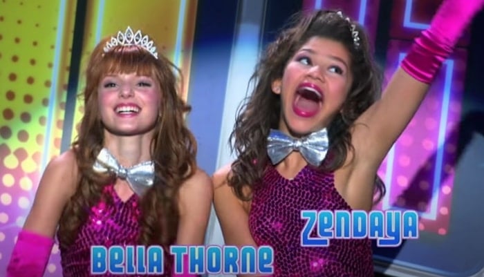 Bella Thorne and Zendaya dazzle in their matching sparkly outfits and tiaras during a fun performance on Shake It Up