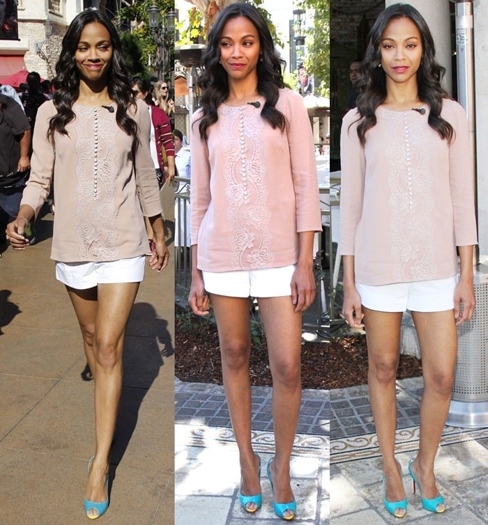 Zoe Saldaña flaunts her sexy legs in turquoise Flo color-block pumps