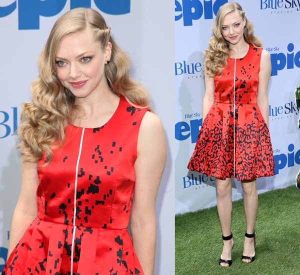 Amanda Seyfried paired her edgy Preen pixel-print skater dress with black Givenchy ankle-strap sandals, adding luxe contrast to her playful red carpet look