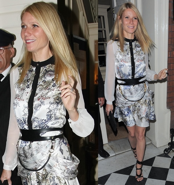 Gwyneth Paltrow pairs a printed Prabal Gurung Fall 2013 dress with black Tom Ford triple-buckle gladiator sandals at Goop’s summer launch party at Mark’s Club in London