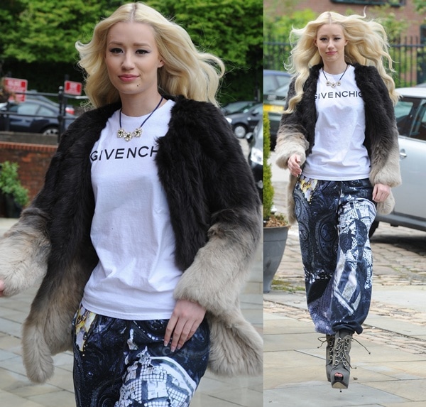 Iggy Azalea in an ombre fur jacket, a white tee, and another pair of printed sweatpants