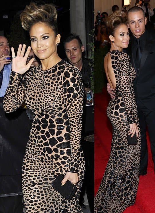 Jennifer Lopez showcased her trademark diva style at the Met Gala with a stunning, intricately patterned Michael Kors gown