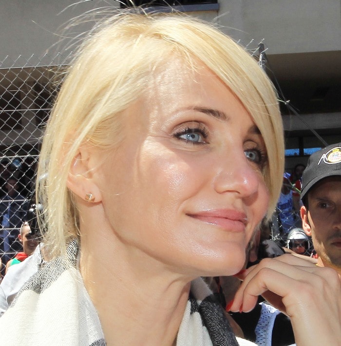 Cameron Diaz glowing in natural makeup and a sleek side-swept hairstyle at the F1 Monaco Grand Prix at the Circuit de Monaco in Monte Carlo, Monaco, on May 26, 2013
