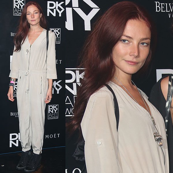 Actress Clara Paget embraced a mechanic chic look with a light gray jumpsuit