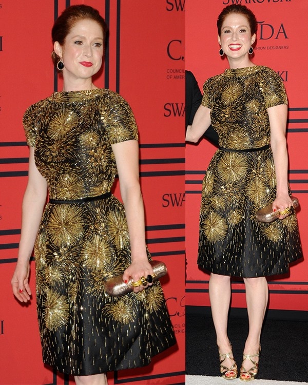Ellie Kemper sparkles in a black and gold Naeem Khan dress, accessorized with matching gold Rupert Sanderson heels and a glittering clutch at the 2013 CFDA Awards