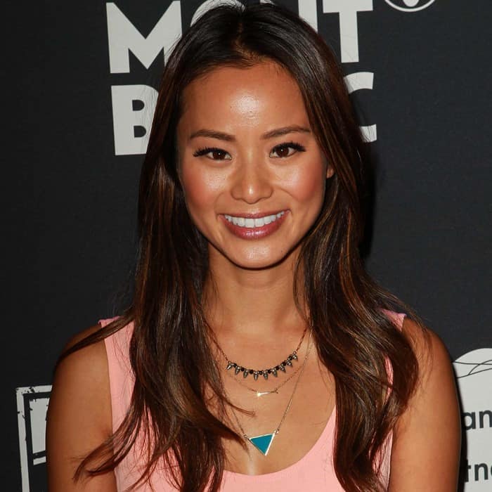 Jamie Chung showing off her Stella Dot On the Mark necklace