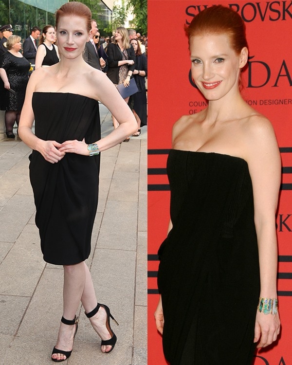 Jessica Chastain exudes timeless elegance in a strapless black Givenchy dress, paired with chic ankle-strap sandals and a statement cuff at the 2013 CFDA Awards