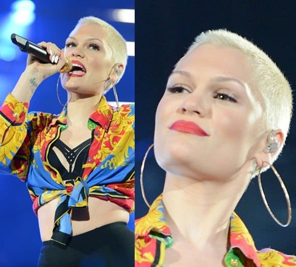 Jessie J, sporting large hoop earrings, performs confidently at the Isle of MTV concert in Malta