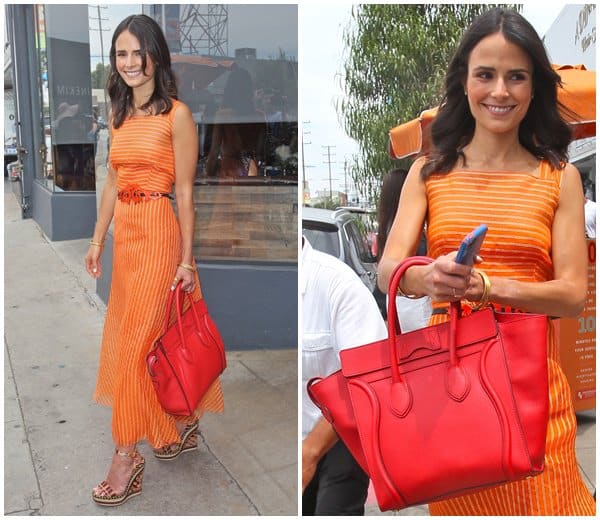 Jordana Brewster exudes summer elegance in a Carolina Herrera Spring 2013 maxi dress complemented by a vibrant Celine bag, while stepping out from a Paper Denim Cloth exclusive event at Son of a Gun Restaurant in Los Angeles, June 11, 2013