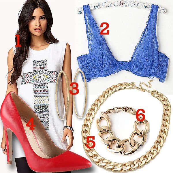 Recreate Kelly Rowland's chic look with these affordable pieces: 1. Forever21 Embroidered Cross Graphic Tank, $12.80; 2. Free People Intimately Lace Plunge Underwire Bra, $48; 3. GUESS Square Edge Hoop Earrings, $20; 4. ALDO "Frited" Pumps, $80 to $90; 5. 8 Other Reasons "Last One Standing" Choker, $45; 6. MKL Accessories "Street Smart" Bracelet, $20