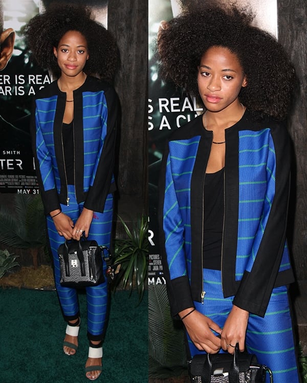 Kilo Kish stood out in an electric blue striped suit by Opening Ceremony, paired with color-block sandals and a structured black handbag at the After Earth premiere in New York City