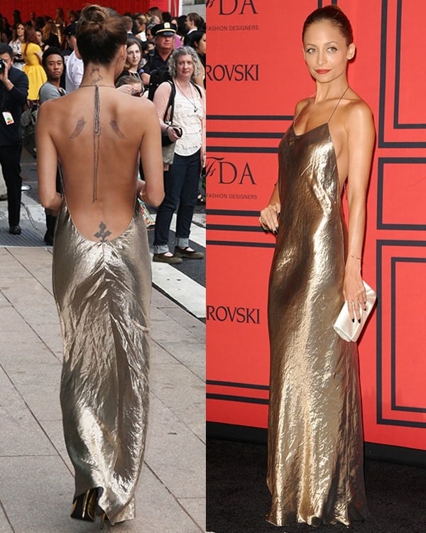 Nicole Richie dazzles in a metallic backless Marc Jacobs gown, showcasing her sleek style and elegant tattoos at the 2013 CFDA Awards