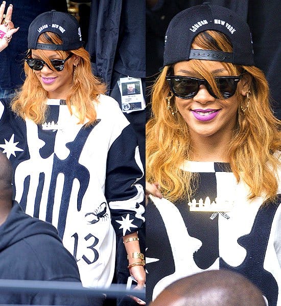 Rihanna finishes her black-and-white street look with Ray-Ban Folding Wayfarer sunglasses and a Mona Mara skyline pendant necklace, letting graphic accessories echo the bold lines of her oversized menswear-inspired top