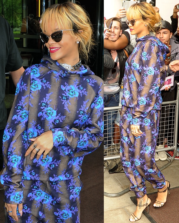 Rihanna in floral printed pajama-inspired pants and a matching top