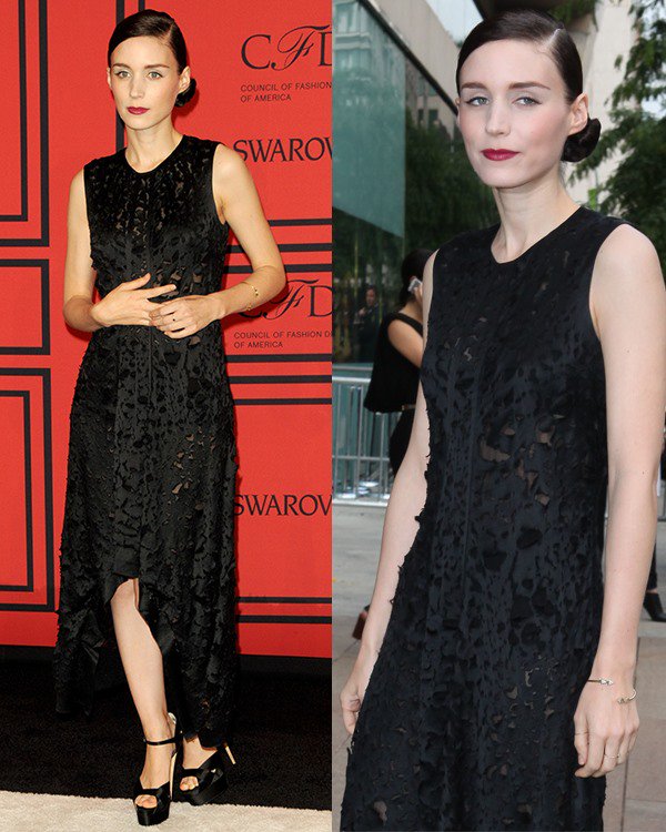 Rooney Mara exudes minimalist elegance in a black laser-cut Calvin Klein dress paired with Brian Atwood heels at the 2013 CFDA Awards