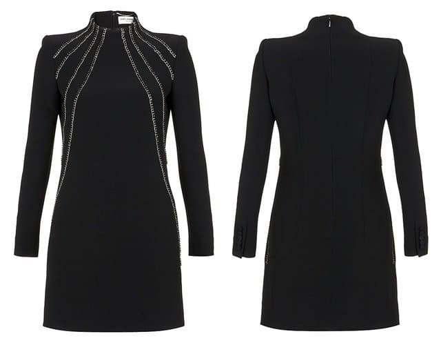 Close-up of the Saint Laurent Embellished Cady Dress in black, featuring intricate silver chain details, priced at £1,400