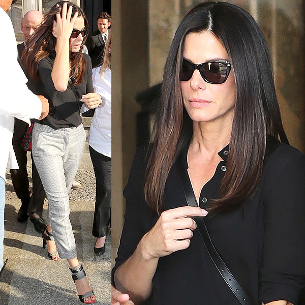 Sandra Bullock steps out in Berlin wearing chic black-and-white separates and statement Alexander Wang "Chloe" sandals while heading to Bocca di Bacco Restaurant on June 18, 2013