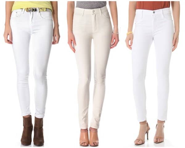 Explore top choices for white skinny jeans inspired by Kendall Jenner's look, featuring from left to right: Rag Bone/JEAN High-Rise Skinny Jeans, Cheap Monday Second-Skin Jeans, and James Jeans Twiggy High-Class Skinny Jeans