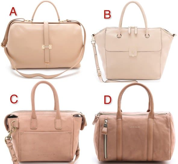 Chic Alternatives in Nude: A. Rachael Ruddick 'Delphina' Doctors Bag B. Tory Burch 'Clara' Large Satchel C. Liebeskind 'Olbia' Satchel D. See By Chloé 'Harriet' Suede Duffle Bag