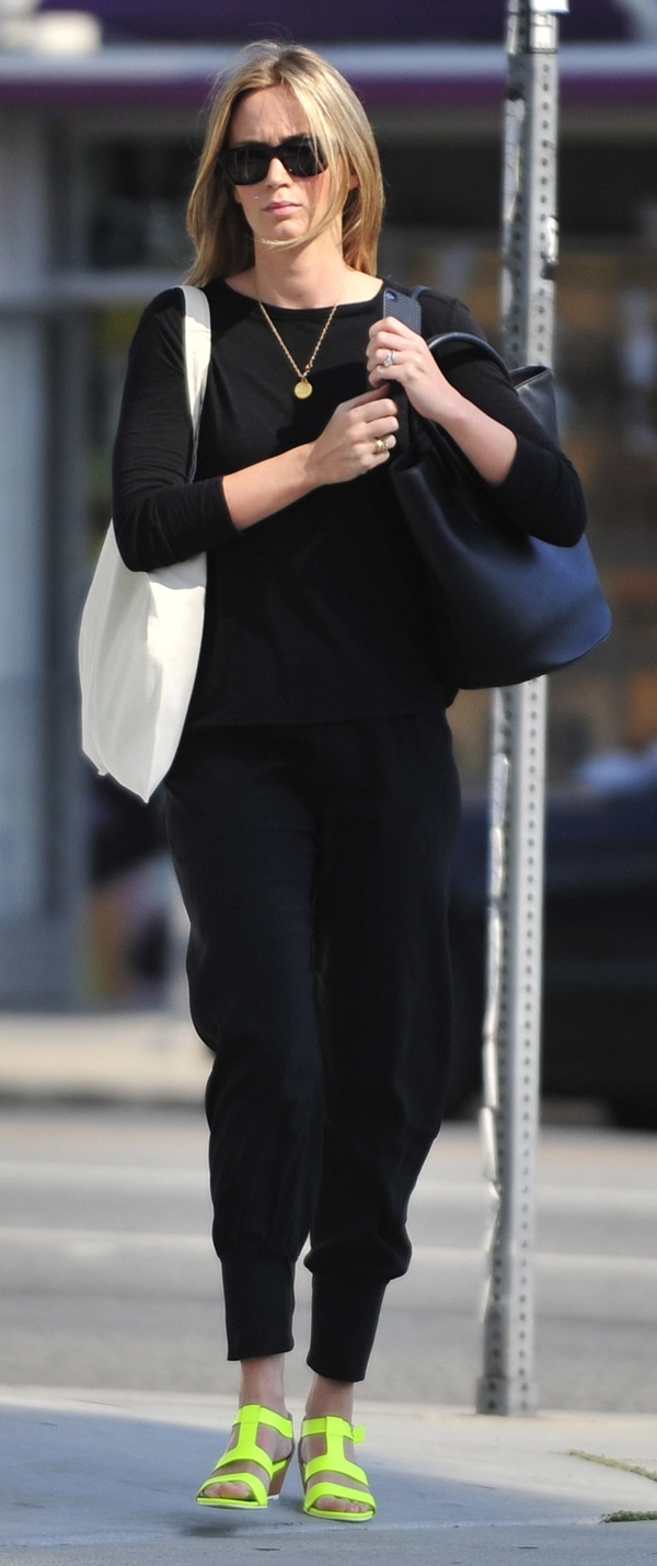 Emily Blunt finished an all-black ensemble with colorful shoes