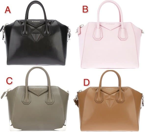 Showcase of Givenchy Elegance: A. 'Antigona' Tote in Black B. Small 'Antigona' Tote in Pale Pink C. 'Antigona' Tote in Green D. 'Antigona' Tote in Hazel