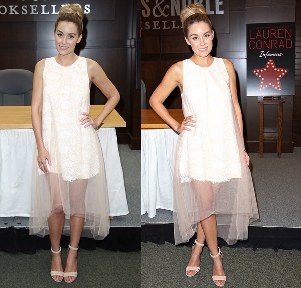 Lauren Conrad at her 'Infamous' book signing event, captivating in a peach lace Zayan dress at Barnes Noble in Los Angeles, June 11, 2013